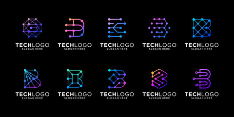Set of letter B dot network connection for technology  internet artificial intelligence logo design vector. © suneo_99