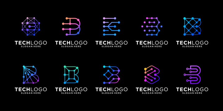 Set of letter B dot network connection for technology  internet artificial intelligence logo design vector.