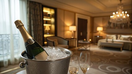 A bottle of champagne resting in an ice bucket with two elegant flutes placed in a luxurious hotel room illuminated by soft warm light