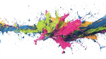 Fototapeta premium A colorful, abstract painting with splashes of pink, blue, yellow, and green paint on a white background.