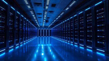 Obraz premium Futuristic Data Stream in Server Room with Neon Light Trails and Digital Technology.