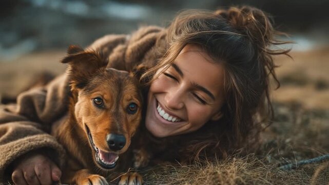 Joyful bond with a canine companion: A person shares a moment of pure bliss, embracing a dog in a display of unconditional affection and joyful connection.