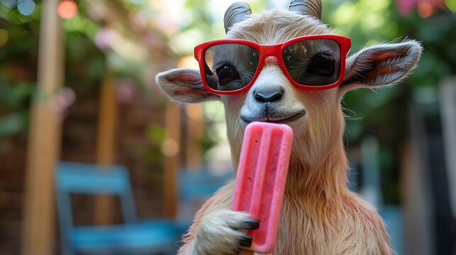 Stuffed goat toy wearing tiny sunglasses and holding a popsicle