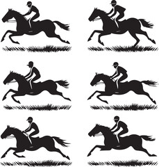 Silhouette horse riders galloping fast across grassy racecourse in motion