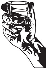 Hand Holding Shot Glass Vector — Black and White Stylized Illustration with Bold Lines and Dramatic Shading for Bar Themes