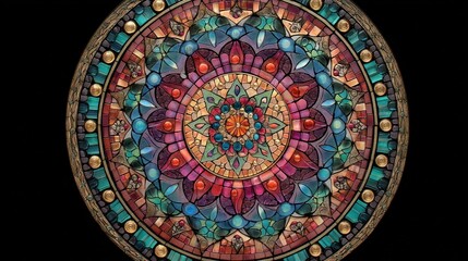 A colorful, intricate stained glass window with a floral and geometric design, 