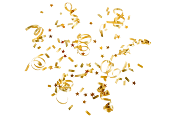 Gold confetti stars and streamers isolated png cutout object on transparent background. Holiday, New Year Christmas design elements