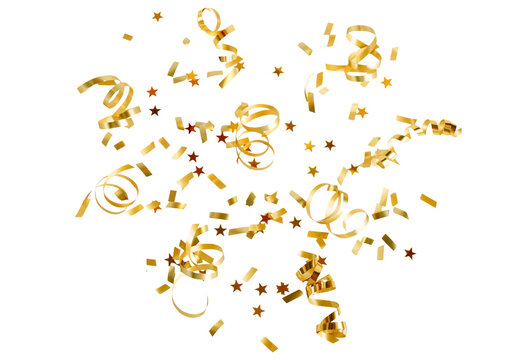 Gold confetti stars and streamers isolated png cutout object on transparent background. Holiday, New Year Christmas design elements