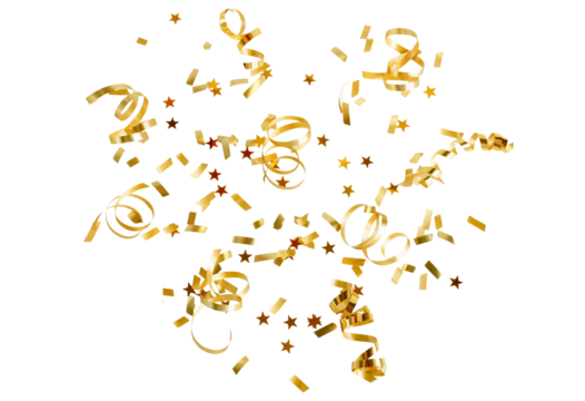 Gold confetti stars and streamers isolated png cutout object on transparent background. Holiday, New Year Christmas design elements