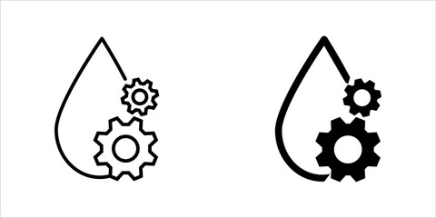  line art icon set of a water droplet with gears representing water efficiency, industrial process, and smart resource management technology.