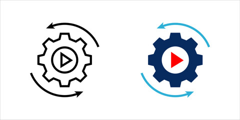  Minimal solid icon set. of a gear with play symbol and circular arrows, representing automation, workflow process, system optimization, and efficient production management.