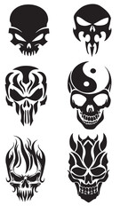 Tribal Skull Vector Set — Black and White Stylized Designs Featuring Flames, Yin-Yang, and Symmetrical Patterns
