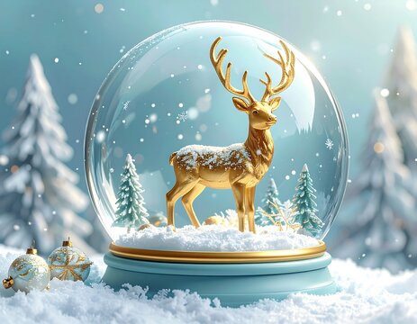 A snow globe containing a golden deer, surrounded by snowy winter scenery - Powered by Adobe