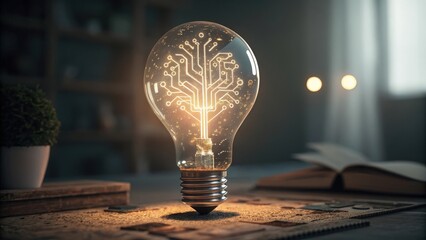 A brightly glowing light bulb revealing an artificial intelligence circuit pattern forming inside its transparent glass