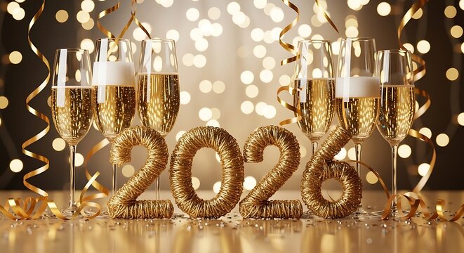 Elegant gold numerals "2026" displayed on a dark background with decorative borders.