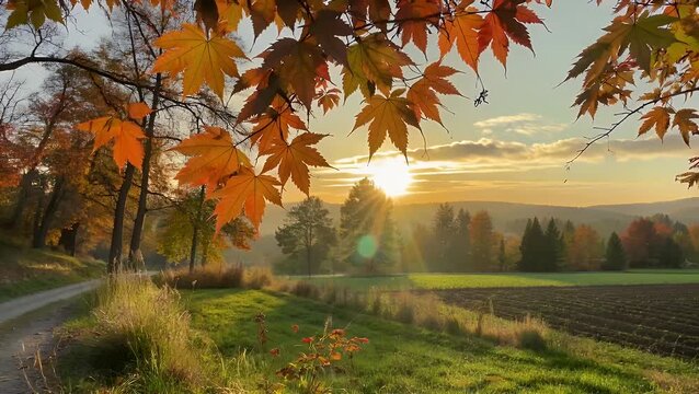 repeating texture pattern depicting a seasonal countryside scene with wooded areas  fields  and autumnal colors under a twilight