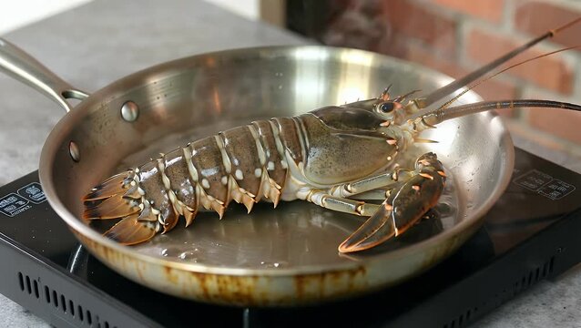 Intimate Shot of Spiny Lobsters Being Prepared as They Steam in a Pan on a Stovetop  Exemplifying a Renowned Seafood
