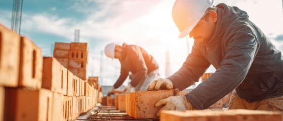 The Bricklayers Laying Bricks on a Sunlit Construction Site With Focused Precision