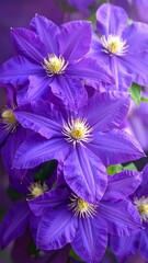 A stack of vibrant purple clematis flowers, yellow centers, against a soft background