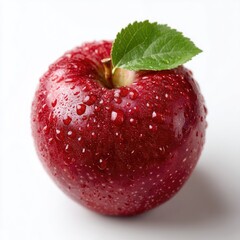 Single Fresh Red Apple With Green Leaf And Water Droplets Isolated On White Background Studio Lighting