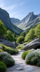 Stone Pathway Through a Sunlit Mountain Valley With Lush Green Trees and Rocky Outcrops Under a Clear Blue Sky