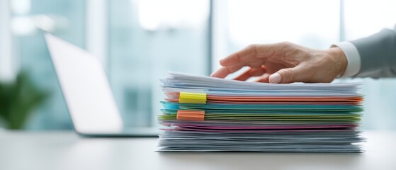 The stack of colorful documents on a modern office desk with hand reaching