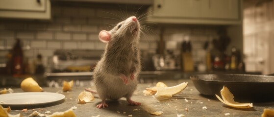 The Rat Exploring a Messy Kitchen Counter Surrounded by Potato Peels and Pans