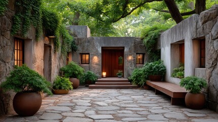 Tranquil Stone Courtyard With Lush Greenery And Natural Stone Walls Bathed In Warm Evening Light Creates A Serene Oasis