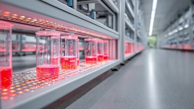 Illuminated Experiment: A row of glass beakers filled with a vibrant liquid glows beneath a network of lights, suggesting the complexities of scientific research and exploration.