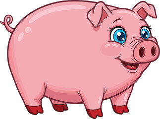 Cute pink pig cartoon character with blue eyes, smiling farm animal illustration for kids and education, cad drawing flat vector illustration