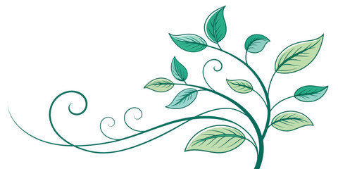 Vector illustration of a leafy green plant with swirling vines extending to the left side of the frame