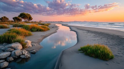 Tranquil Tropical Beach Landscape At Twilight With Calm Water Reflecting Dramatic Sky And Lush Green Vegetation Along Sandy Shoreline
