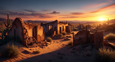 Abandoned Wild West Ghost Town at Sunset.