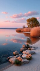 Tranquil Wetland Landscape at Sunset with Soft Pink Clouds Reflecting on Calm Water and Tall Reeds Along the Rocky Shoreline