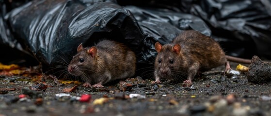 The Rats Foraging Near Trash Bag On Urban Street With Litter And Debris