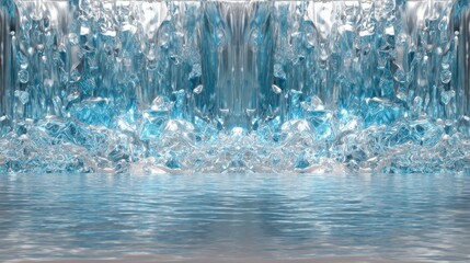 A blue and white waterfall with blue and white rocks in the foreground and a reflective surface below.