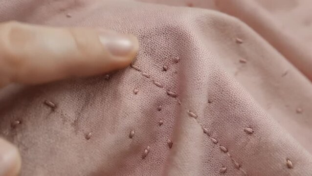 Extreme Near-Focus Image of a Rosy-Hued Textile Material Displaying Minute Sewing Patterns and Threadwork Creating a Detailed