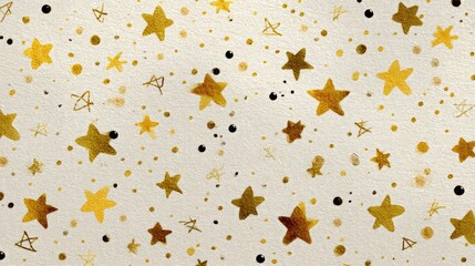 A white background with a pattern of gold stars and black dots, creating a festive and decorative effect.
