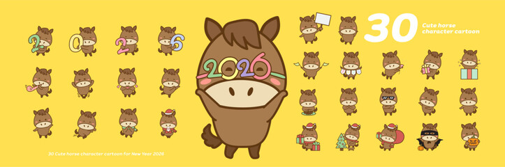 Cute horse character cartoon for New Year 2026 30 Action.