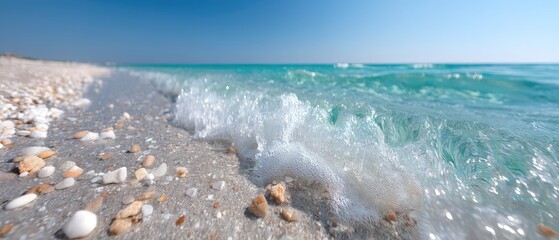 Turquoise Ocean Water Gently Washing Over a Pebble Beach with White Sand Under a Clear Blue Sky