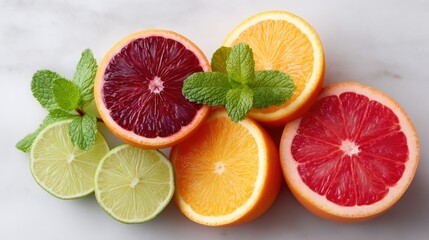Vibrant Flat Lay of Assorted Citrus Fruits Sliced and Garnished with Fresh Mint Leaves on a White Marble Surface