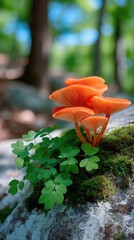 Vibrant Orange Mushrooms Cluster Grow on Moss Covered Rock Amidst Green Ferns in Sun Dappled Forest