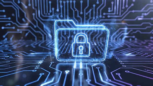 A conceptual illustration of cybersecurity showing a glowing blue digital folder with a padlock over a complex computer circuit board