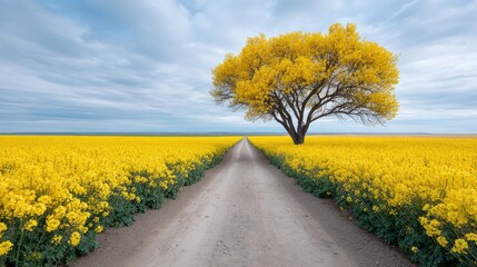 Vibrant Yellow Rapeseed Field Under a Cloudy Sky with a Solitary Tree on a Gravel Road Path