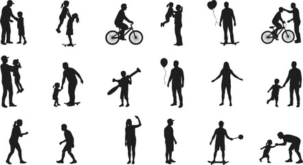 Silhouette illustration of parents and children enjoying outdoor activities, playing, biking, and spending quality family time together, parenting love vector design.