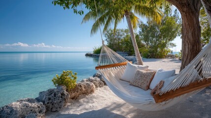 White Hammock With Cushions On A Tropical Beach With Palm Trees And Clear Blue Ocean Water On A Sunny Day