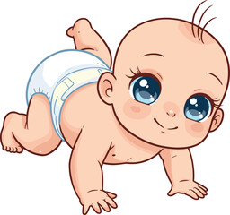 Cute crawling baby in diaper with big blue eyes smiling on floor, adorable newborn child cartoon art, cad drawing flat vector illustration