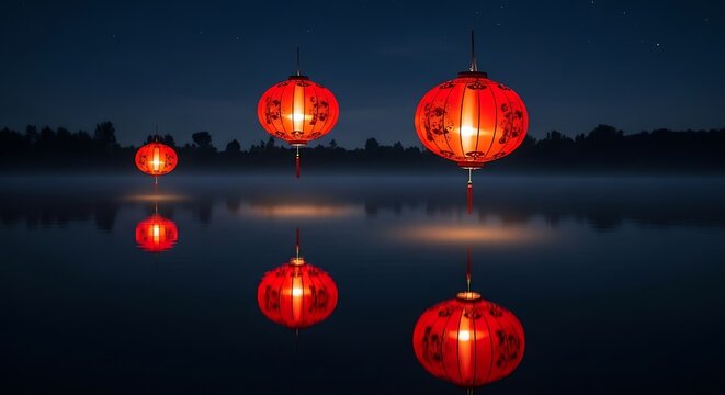 Floating lanterns illuminate a tranquil lake at night. - Powered by Adobe