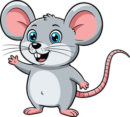 Cute cartoon mouse waving hand with big pink ears and happy smile, adorable animal mascot art, cad drawing flat vector illustration