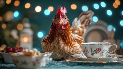 Stuffed hen in a whimsical tea party setting on blue lights background